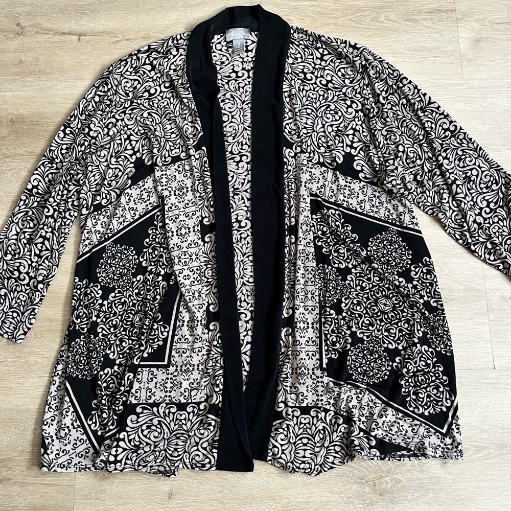 CHICO'S Travelers Slinky Jacket Open Front Cardigan Office Black Tan Design XL